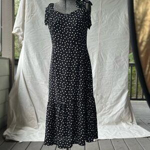 Crescent Black and White Polka Dot Tie-Shoulder Maxi Dress